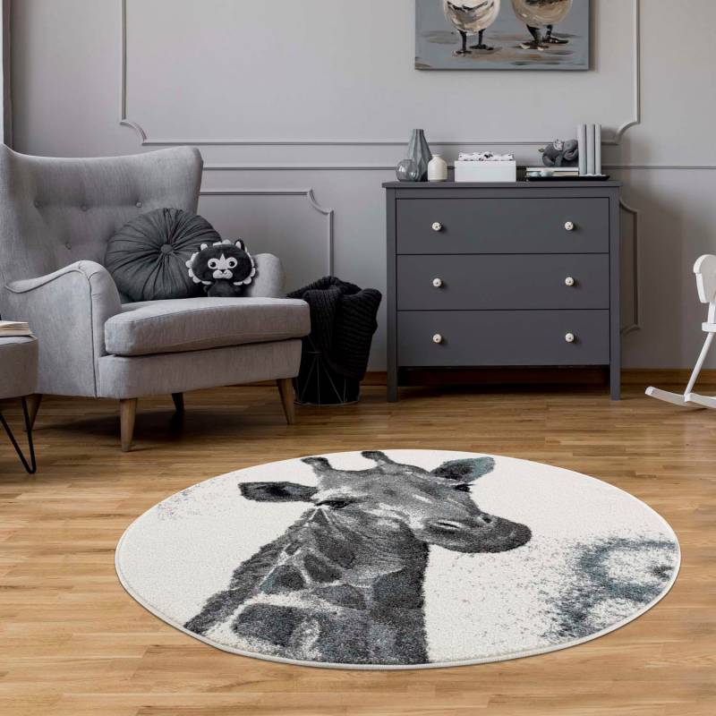 Carpet City Kinderteppich "Savanna 9370" rund 11 mm Höhe Spielteppich, Teppich, Giraffe, Creme/ Grau, Kurzflor von Carpet City