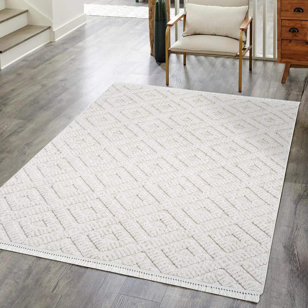Carpet City Teppich "CLASICO 8927" rechteckig 11 mm Höhe Läufer, Kurzflor, Hochtief-Muster, Boho, Fransen, Wohnzimmer von Carpet City