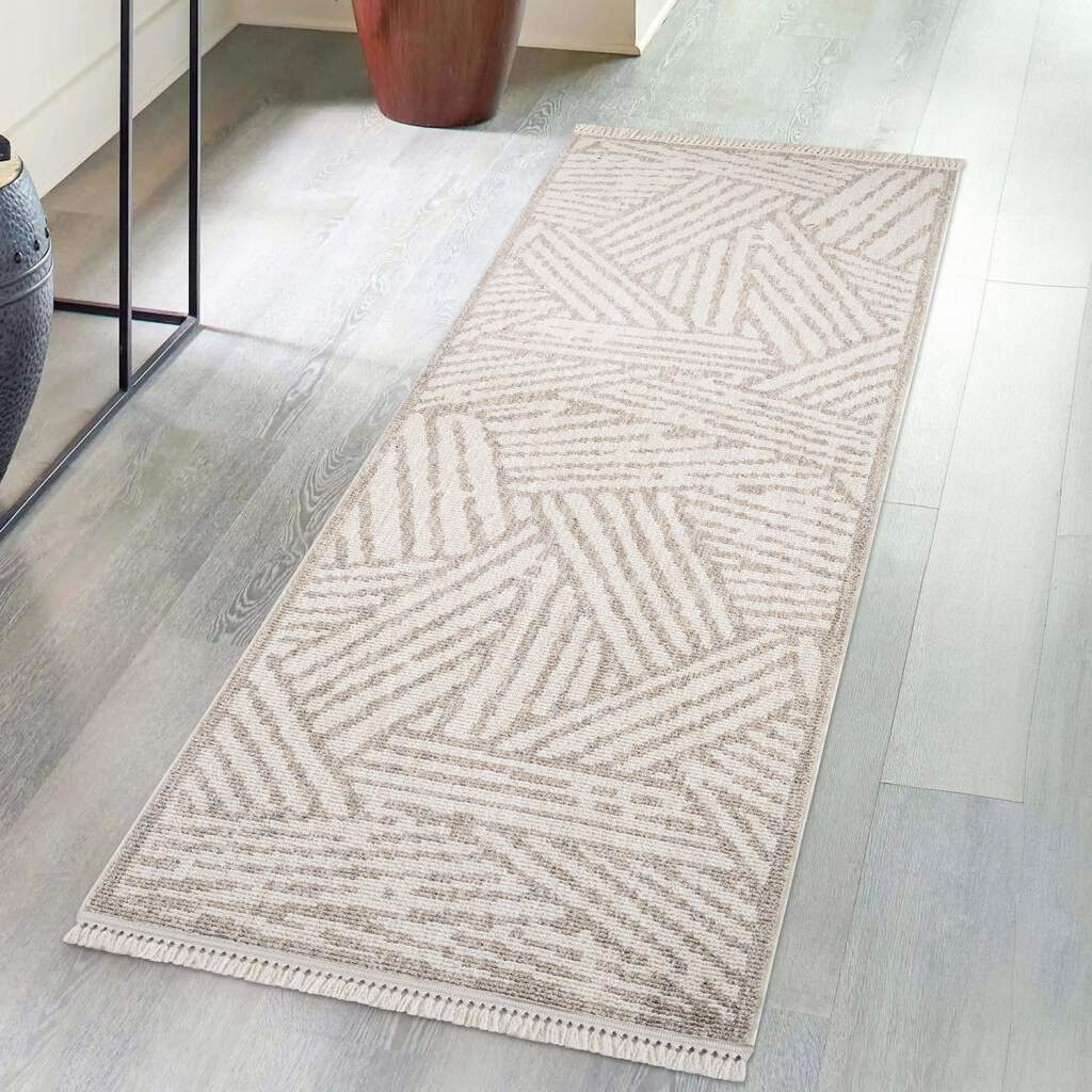 Carpet City Teppich "CLASICO 9161" rechteckig 11 mm Höhe Läufer, Kurzflor, Hochtief-Muster, Boho, Fransen, Wohnzimmer von Carpet City