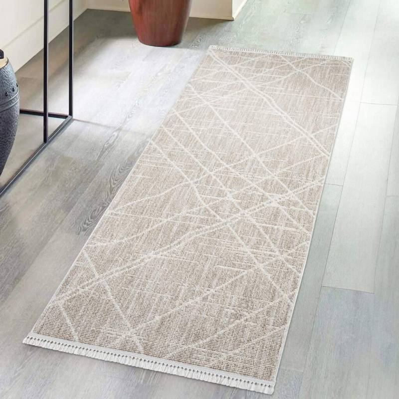 Carpet City Teppich "CLASICO 9162" rechteckig 11 mm Höhe Läufer, Kurzflor, Hochtief-Muster, Boho, Fransen, Wohnzimmer von Carpet City
