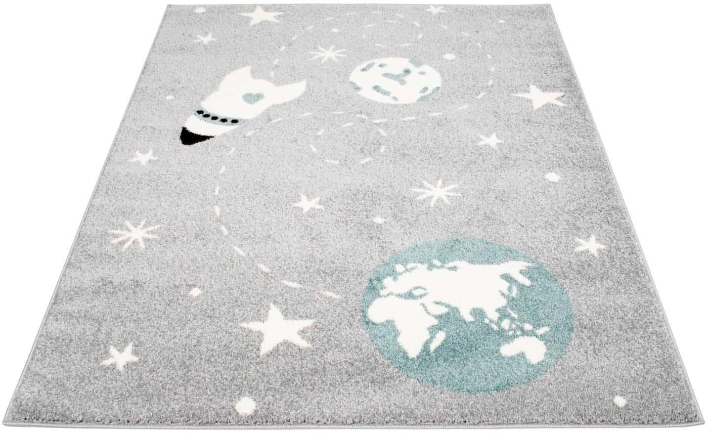 Carpet City Kinderteppich "Bubble Kids 1319", rechteckig, Spielteppich, Weltall, Rakete, Weicher Flor, Pflegeleicht von Carpet City