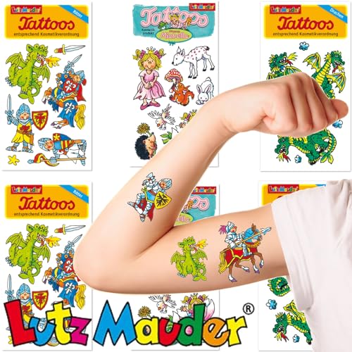 6-teiliges Tattoo-Set * RITTER & PRINZESSIN & DRACHE * für Kinder als Mitgebsel, Geschenk und Schmuck | 42 temporäre Kindertattoos | Kindergeburtstag Geburtstag von Carpeta