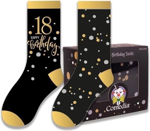Carpeta 2 Paar Socken zum 18. bis 60. Geburtstag plus Geschenkverpackung | Happy Birthday Strümpfe | Größe 38-46 | Geschenk für Herren und Frauen, Muster Name: 18. Geburtstag von Carpeta