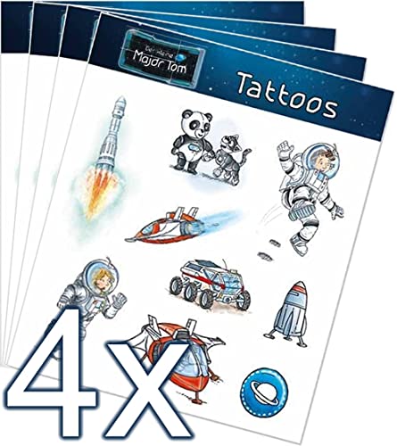 Mega Tattoo Set * MAJOR TOM * als Mitgebsel, Geschenk oder zum Spielen | 4 Bögen mit 36 Tattoos | Astronaut Weltraum Space Aufkleber Bilder Sticker Kinder Kindergeburtstag Geburtstag von Carpeta