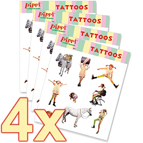 Tattoo-Set * PIPPI LANGSTRUMPF * als Mitgebsel, Geschenk oder zum Spielen | 4 Bögen mit 36 Tattoos | Aufkleber Bilder Sticker Kinder Kindergeburtstag Geburtstag von Carpeta