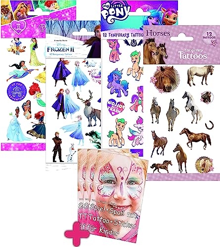 Tattoo-Set * Princess Frozen My little Pony Pferde * als Mitgebsel, Geschenk oder zum Spielen | 4 Bögen mit 48 Tattoos + Kleines Buch | Aufkleber Sticker Kinder Kindergeburtstag Geburtstag von Carpeta