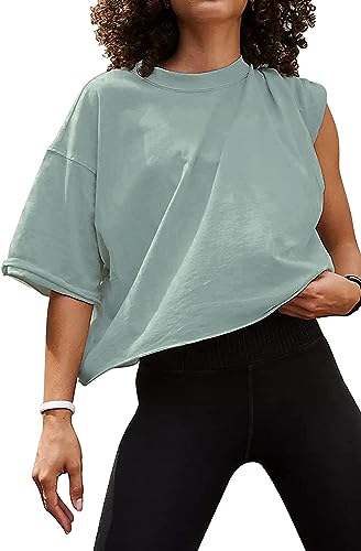 Carpetcom Übergroße Workout-Shirts für Damen, kurzärmelig, schulterfrei, lässig, bauchfrei, Baggy, Fitnessstudio, Yoga, athletisches T-Shirt, Hellgrau-Grün, Mittel von Carpetcom