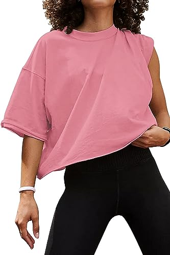 Carpetcom Übergroße Workout-Shirts für Damen, kurzärmelig, schulterfrei, lässig, bauchfrei, Baggy, Fitnessstudio, Yoga, athletisches T-Shirt, Pink, Groß von Carpetcom