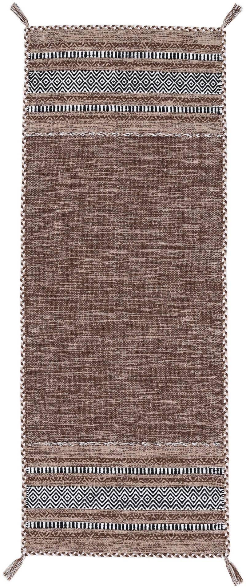 carpetfine Teppich "Kelim Azizi, auch als Läufer erhältlich" rechteckig 5 mm Höhe handgewebt, Baumwolle, Wendeteppich mit Fransen, Fleckerl, Wohnzimmer von Carpetfine