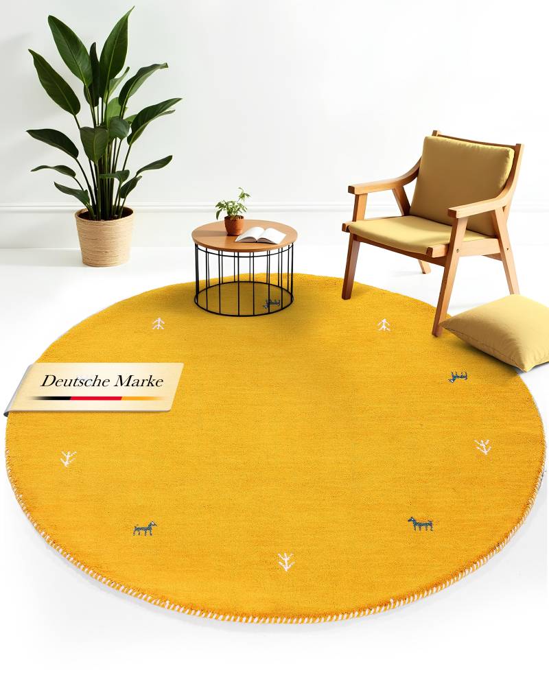 carpetfine Wollteppich "Gabbeh Uni" rund 15 mm Höhe reine Wolle handgewebt, Gabbeh Tiermotiv warmes Raumklima viele Größen von Carpetfine
