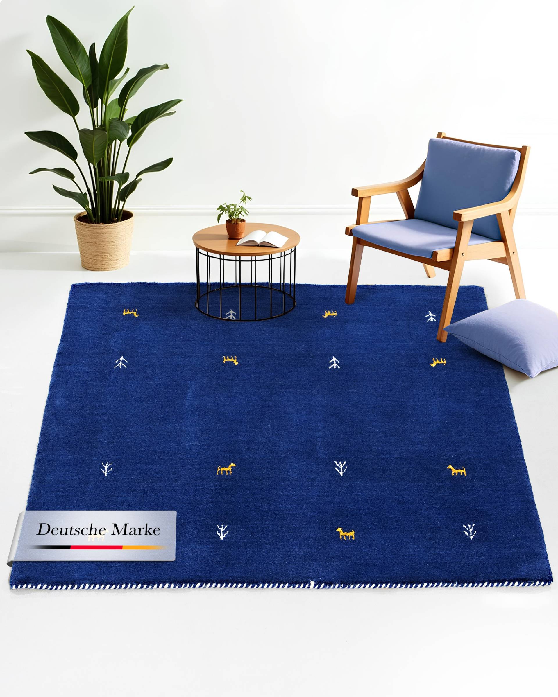 carpetfine Wollteppich "Gabbeh-Uni" quadratisch 15 mm Höhe reine Wolle, handgewebt, Gabbeh Loom Tiermotiv, Sonderform Quadrat von Carpetfine