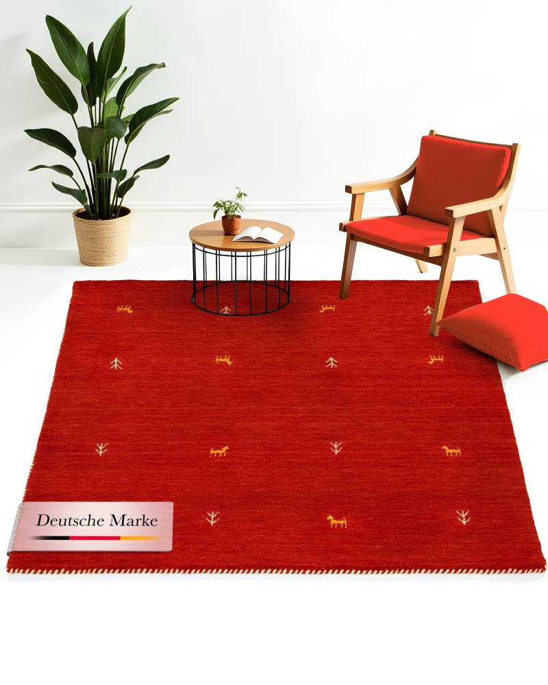 carpetfine Wollteppich "Gabbeh-Uni" quadratisch 15 mm Höhe reine Wolle, handgewebt, Gabbeh Loom Tiermotiv, Sonderform Quadrat von Carpetfine