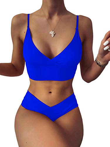 Carprinass Damen-Badeanzug, hohe Taille, Triangel-Badeanzug, sexy V-Ausschnitt, zweiteiliger Bikini-Set - Blau - Small von Carprinass