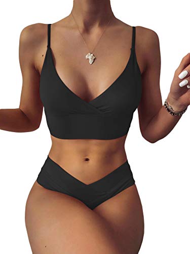 Carprinass Damen-Badeanzug, hohe Taille, Triangel-Badeanzug, sexy V-Ausschnitt, zweiteiliger Bikini-Set - Schwarz - Large von Carprinass