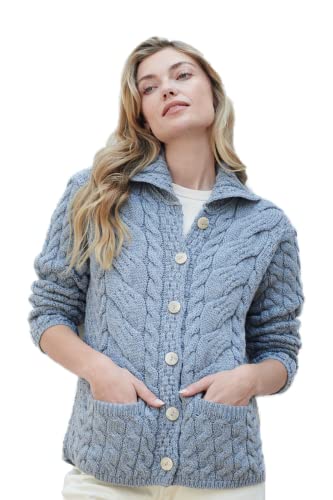 Carraig Donn Damen geknöpfte verkabelte Strickjacke (Denim, L) von Aran Woollen Mills