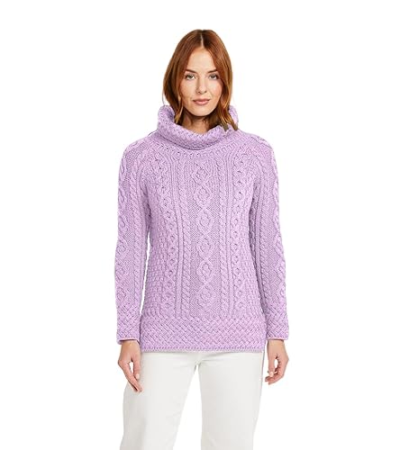 Carraig Donn Irischer Aran Pullover Strickpullover Wollpullover Sweater 100% Merinowolle für Damen (Lavendel, M) von Carraig Donn
