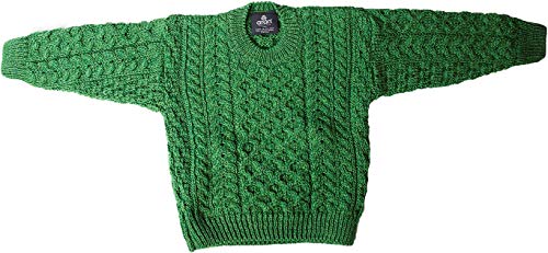 Carraig Donn Kinder Irischer Wollpullover mit Rundhalsausschnitt aus Wolle (Grün, M) von Aran Woollen Mills