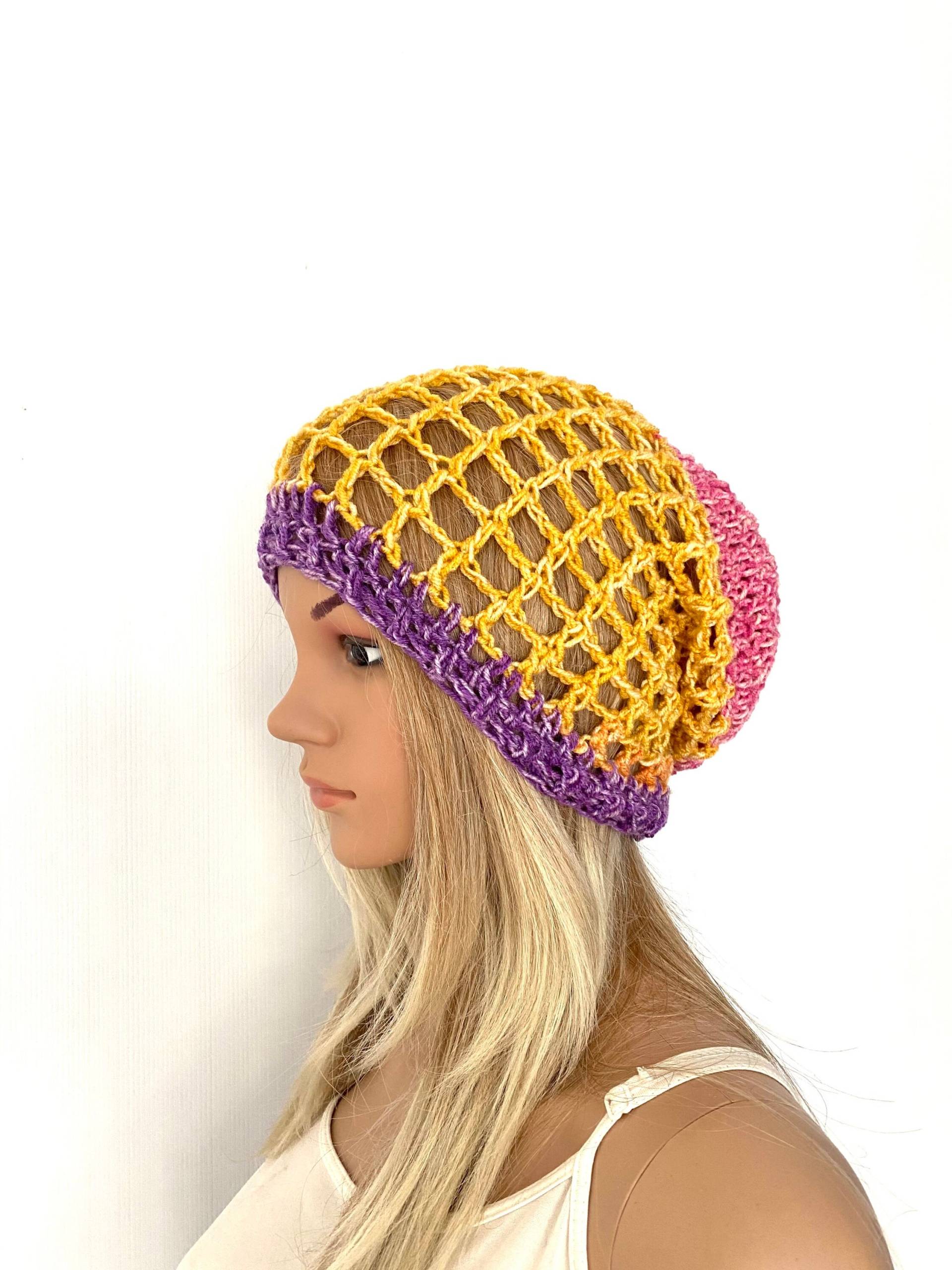 Slouch Beanie, Mesh Beanie Mütze Offene Maschen Frauen Teenager Handarbeit Gehäkelt Strick Dread Tam Unikat Sale Hippie Designer Regenbogen Rasta von CarraigDesigns