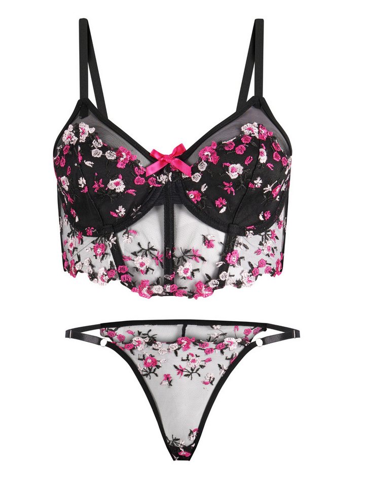 Elegant Love Set: Longline-BH Dessous set aus Stickereispitze: Bügel-BH mit passendem Slip (Set, 2-tlg., mit String) romantische Reizwäsche, elegantes Lingerie-Set, floraler Unterwäsche von Elegant Love