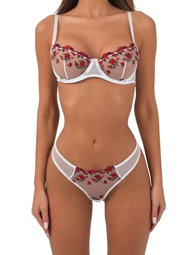 Orchibelle Transparentes Mesh-Dessous-Set, Bestickter BH und Tüll-Tanga (Weiß, S) von Carré Chic