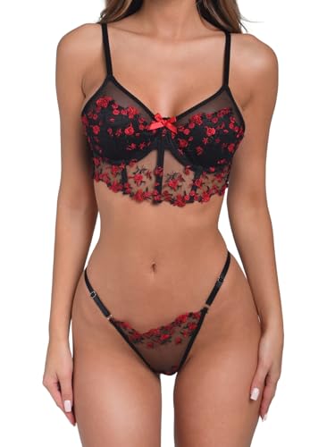 Orchibelle Dessous-Set mit Blumenstickerei | Transparenter Longline-BH & passender String (Schwarz, M) von Carré Chic