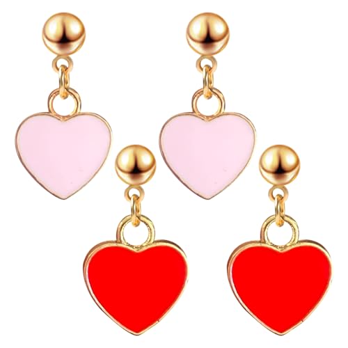 2 Paar Herz Ohrringe Rot,Hängend Ohrringe Herz Rot,Valentinstag Herzohrringe für Vielfältige Alltagskleidung von Carreneu