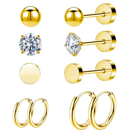 5 Paar Titan Ohrringe Damen 14K Gold Ohrstecker Chirurgenstahl Goldene Medizinische Spiralpiercing für Mehrere Ohrlöcher Hypoallergen von Carreneu