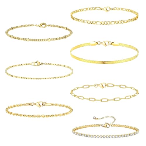 Carreneu 7Pcs Armband Gold Damen Armband Gold Gold Armband Damen Armbänder Gold Damen Schmuck Gold Goldene Armbänder Verstellbares Modeschmuck Armband Set Wasserdichtern Gold Schmuck für Damen von Carreneu