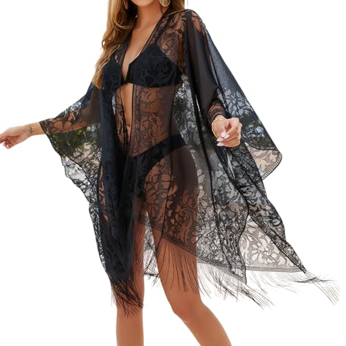 Carreneu Strandkleid Damen,Strandabdeckung für Damen mit Spitze,Weiches V-Ausschnitt Badeanzug Spitzenkleid,Atmungsaktives Damen Lace Strandkleid,Geeignet für Den Strandurlaub Im Sommer (Schwarz) von Carreneu