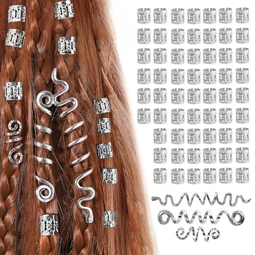 Dreadlocks Schmuck Haarschmuck Pirat,63 Stück Piraten Accessoires Damen,Silberne Haarperlen Zum Klipsen,Piraten Schmuck Damen,Einstellbar Passend für Damen und Herren Zopfverzierung (Silber) von Carreneu