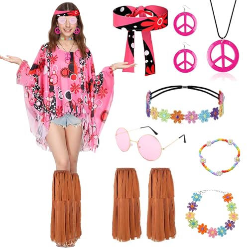 9 Stück Hippie Kostüm Damen Set, Damen Poncho 60 er 70er Jahre Hippie Kleidung Set mit Ummantelung Haarband Gläser Ohrring Halskette Outfit Zubehör für Karneval Disco Party Cosplay von Carreuty