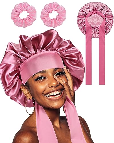 Satin Haarhaube Schlafen für Damen, Doppelseitig Silk Bonnet Bonnet Sleep Cap für Die Nacht für Damen mit 2 Haargummis aus Seide, Schützen Haarhaube Schlafhaube Haare Satin Haarhaube Schlafen für Damen, Doppelseitig Silk Bonnet Bonnet Sleep Cap für Die Nacht für Damen mit 2 Haargummis aus Seide, Schützen Haarhaube Schlafhaube Haare von Carreuty