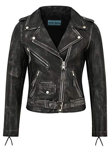 Damen Brando Lederjacke Schwarz Vintage Napa Lässige Mode Biker Style MBF (18) von Carrie CH Hoxton