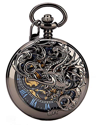 Carrie Hughes Herren Glücksdrachen Mechanische Taschenuhr mit Kette Steampunk-Skelett Jäger Doppelt Geöffnet in Box CHPW10(CHPW10C) von Carrie Hughes