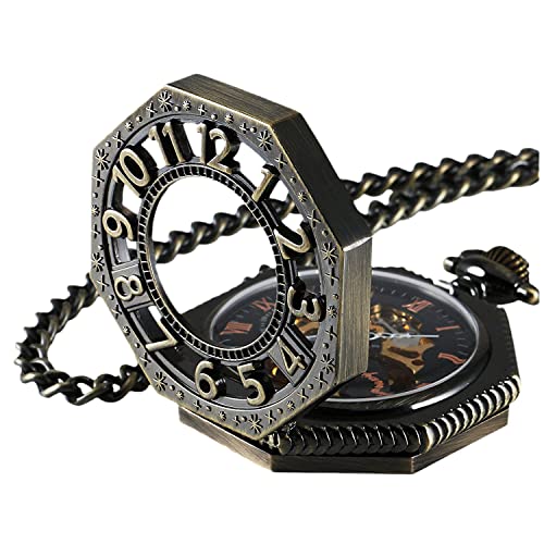 Carrie Hughes Herren Steampunk Railroad Octagon Skelett mechanische Taschenuhr mit Kette in Box CHPW02 von Carrie Hughes