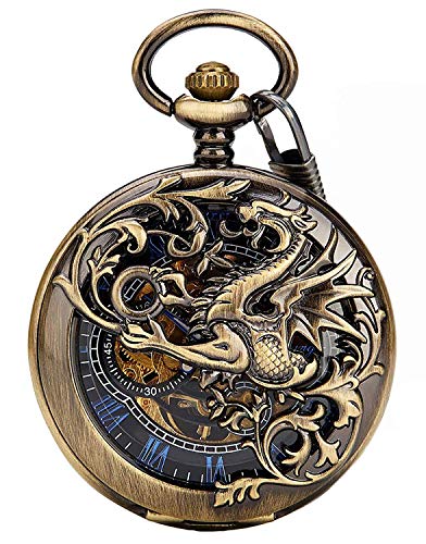 Carrie Hughes Mechanische Taschenuhr für Herren mit Kette Glücksdrachen Steampunk-Skelett Jäger doppelt geöffnet in Box CHPW10(CHPW10A) von Carrie Hughes