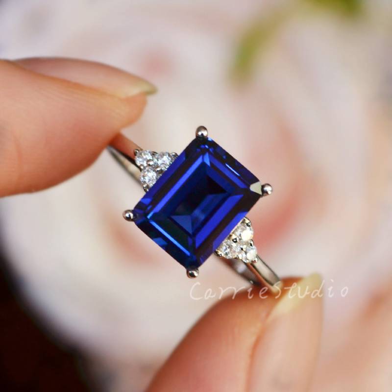2Ct Smaragdschliff Blauer Saphir Ring/7 9 Mm Verlobungsring Jubiläumsring Edelstein Schmuck von CarrieStudio