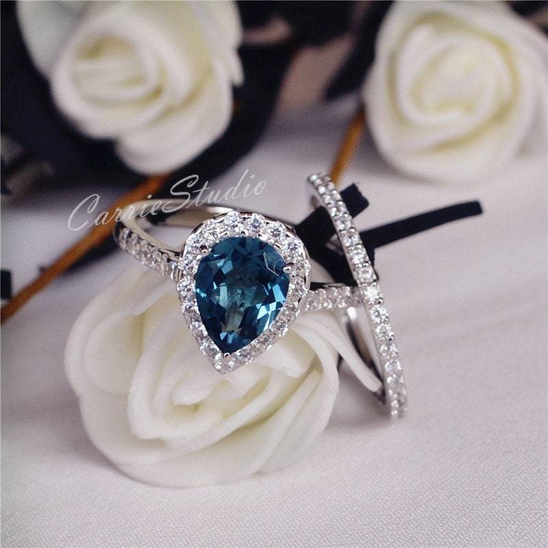 79mm Natürlicher Londoner Blautopas Ring Set Verlobungsring Ehering 925 Sterling Silber Jubiläum von CarrieStudio