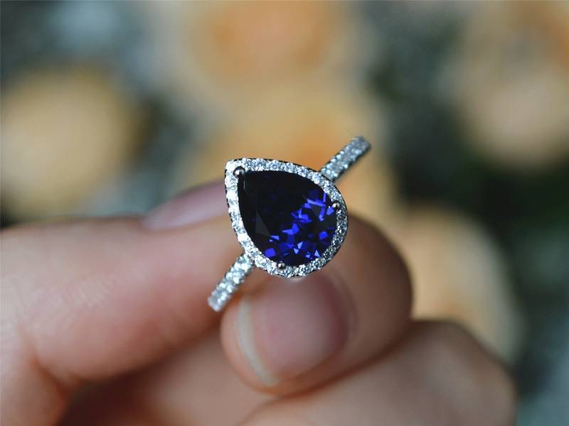 Halo Saphir Ring 7 9mm Birne Verlobungsring/Versprechen Jahrestag Geschenk von CarrieStudio
