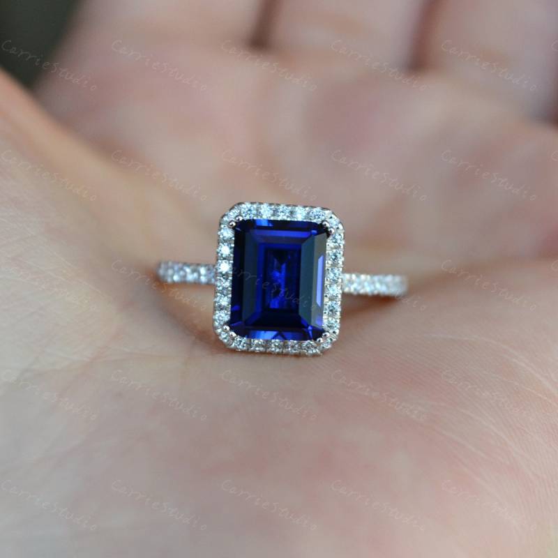 Halo Smaragd Geschliffener Blauer Saphir Ring/79 Mm Versprechensring Jubiläumsring/ Edelstein Schmuck von CarrieStudio