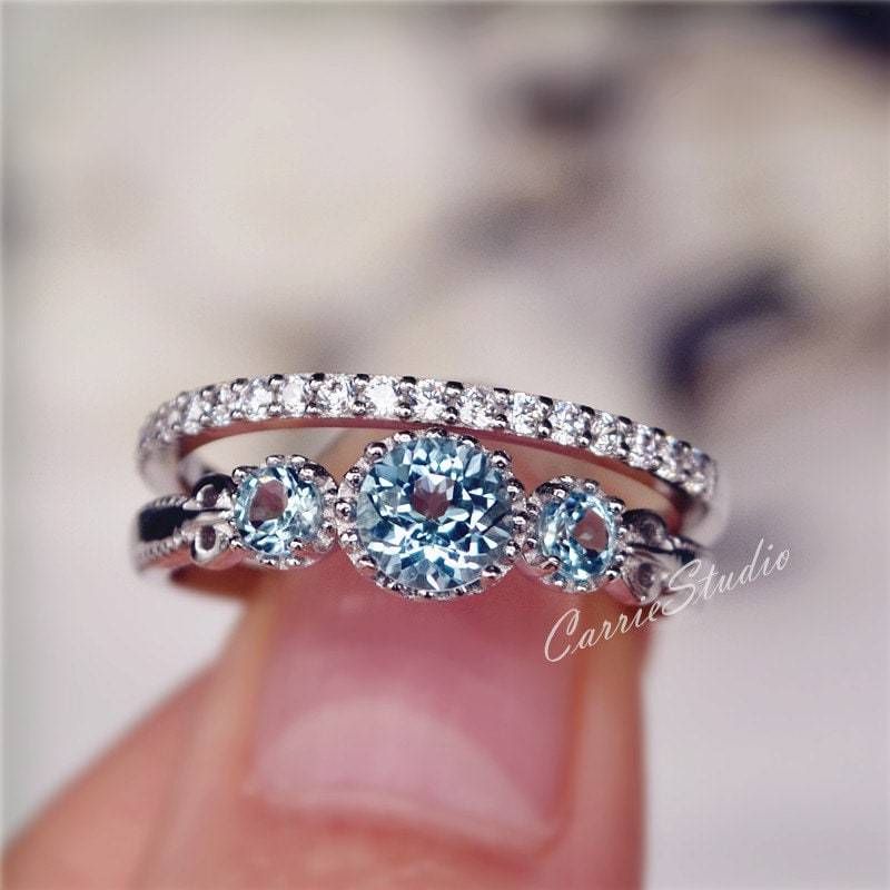 Natürlicher Topas Ring Set Sky Blue Verlobungsring Ehering Jubiläum Geburtstagsgeschenk/Geschenk von CarrieStudio