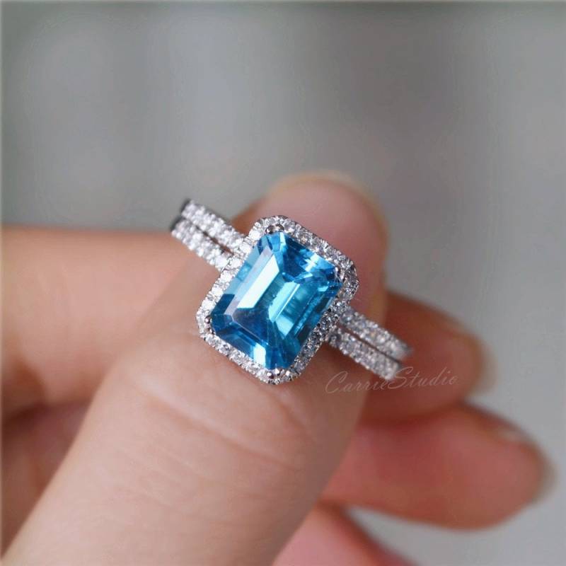 Schweizer Blautopas Ring Set Topas Verlobungsring Ehering Jubiläumsring von CarrieStudio