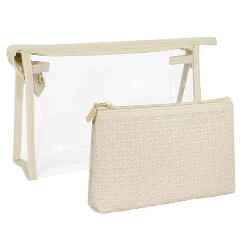CarryEpic Make-up-Tasche, 2er-Set, transparent, PVC, Kulturbeutel mit Reißverschluss und PU-Leder-Kosmetiktasche, Reise-Make-up-Organizer-Taschen für Damen, tragbare transparente Tasche, Ledertasche von CarryEpic