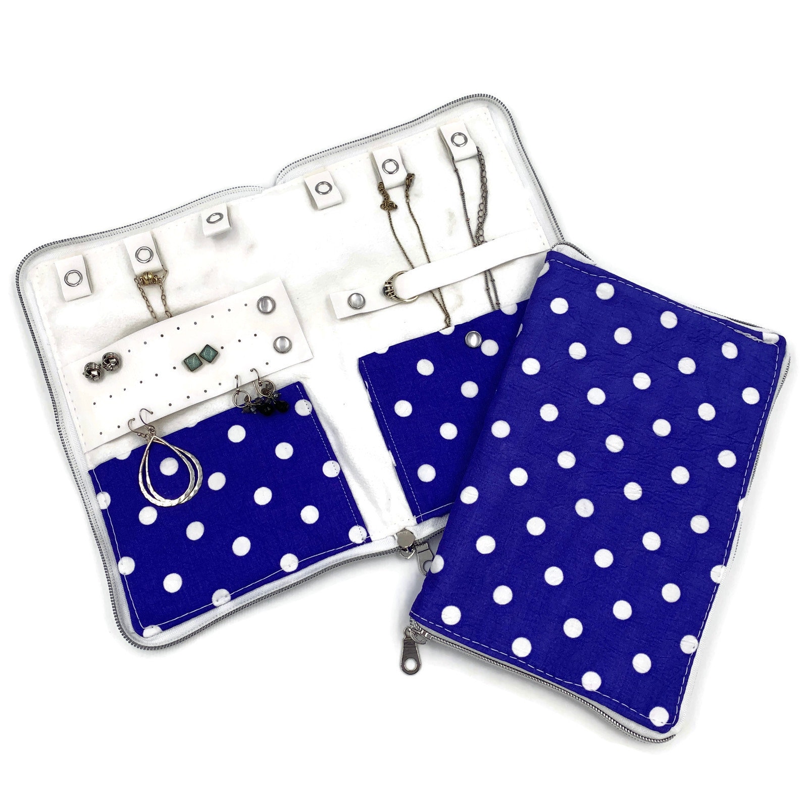 Blauer Polka Dot Reiseschmuck-Organizer Mit Ohrring Halter, Halskette Fall, Reise Zubehör von CarryOnDesignShop