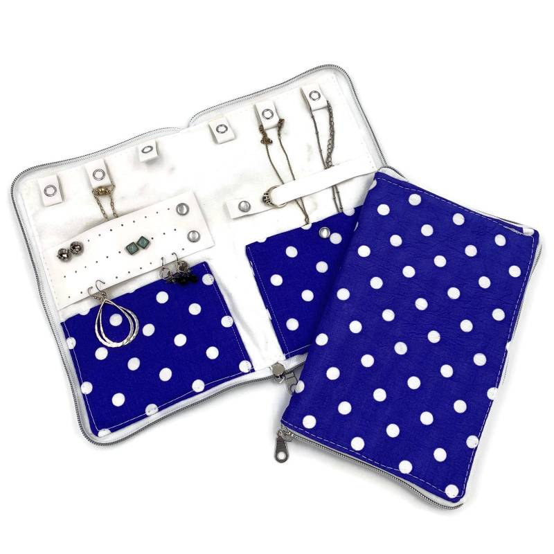 Blauer Polka Dot Reiseschmuck-Organizer Mit Ohrring Halter, Halskette Fall, Reise Zubehör von CarryOnDesignShop