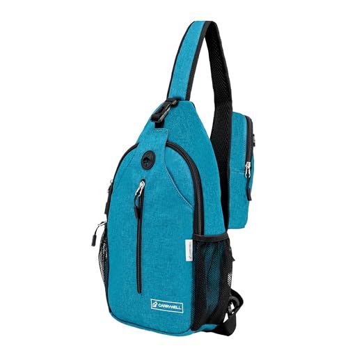 Nicht in China hergestellt; Crossbody-Sling-Rucksack, Schultertasche für Reisen und Wandern, Anti-Diebstahl-Brusttasche, Blaugrün/Ein Hauch von Paradies (Trace of Paradise), Medium, Sling-Rucksäcke von Carrywell