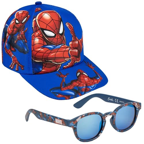 Sommer-Set für Kinder – Cap mit geradem Schirm + Sonnenbrille – Einheitsgröße für 4–10 Jahre – UV-Schutz – Superhelden-Design in Rot-Blau von Cartelyn