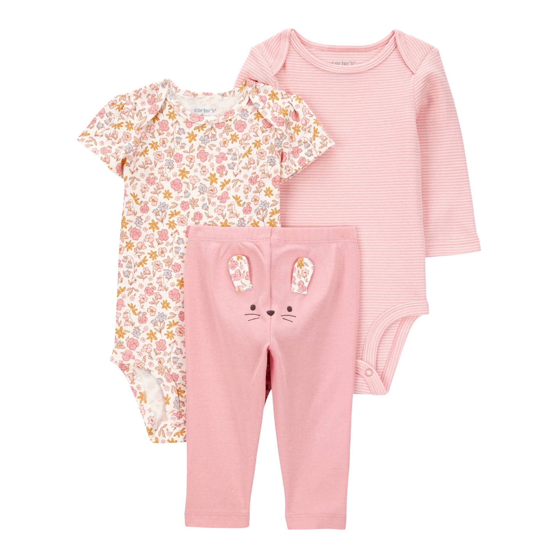 Carter's 3-tlg. Set Body kurzarm, Body langarm und Leggings Blumen Ringel Hase von Carter's