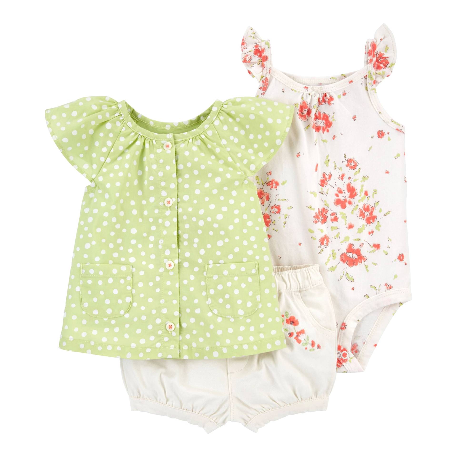 Carter's 3-tlg. Set Body ohne Arm, T-Shirt Flügelarm und Shorts Blumen von Carter's