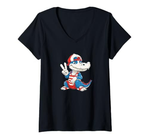 Damen Alligator Chill Kostüm mit Friedenszeichen für Mann und Frau T-Shirt mit V-Ausschnitt Damen Alligator Chill Kostüm mit Friedenszeichen für Mann und Frau T-Shirt mit V-Ausschnitt von Cartoon Alligator Outfit